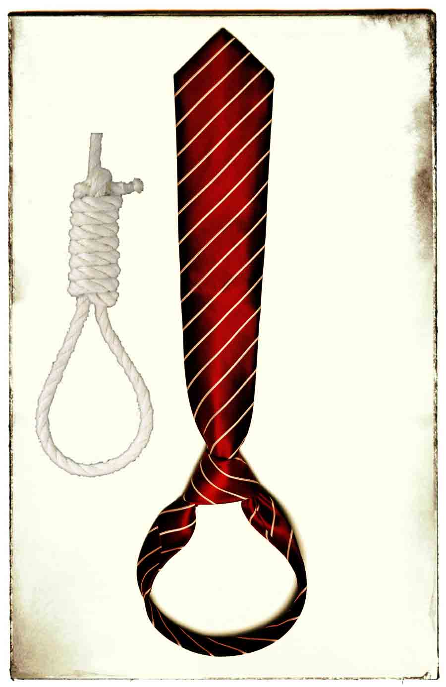 A tie hanging upside down next to a noose for comparison.