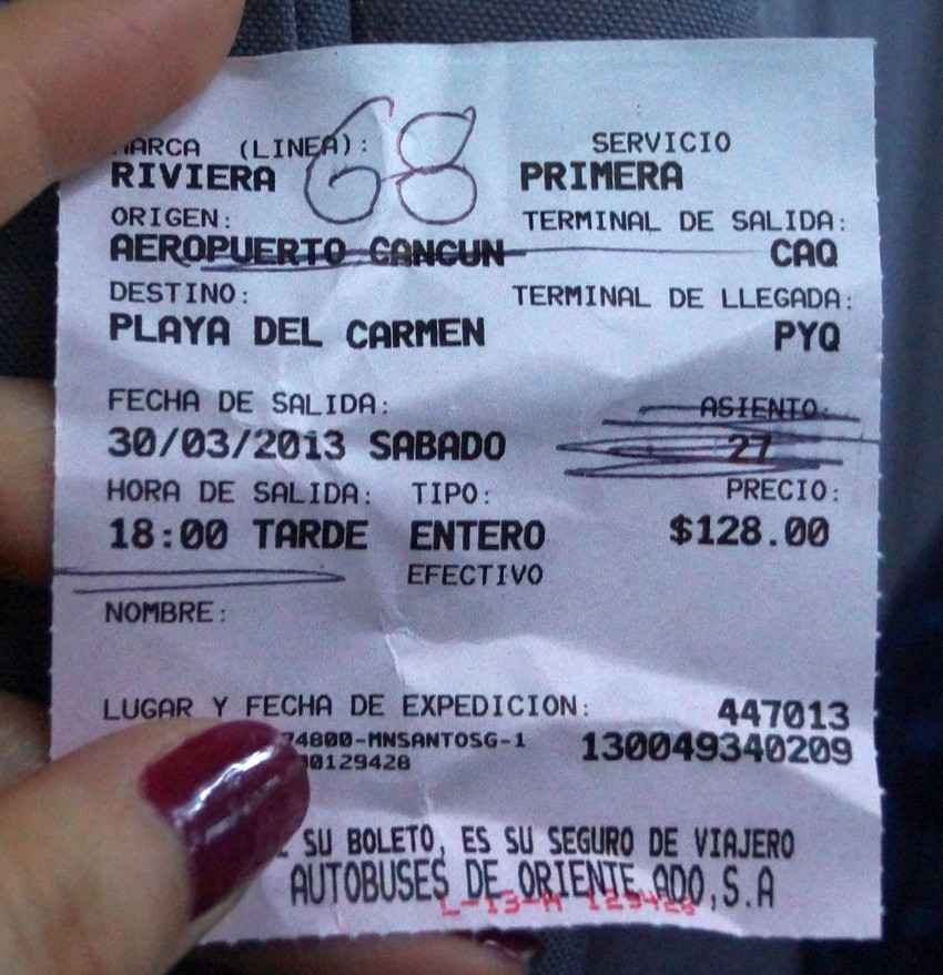 A bus transfer ticket going from Cancun to Playa Del Carmen costs 128 Mexican pesos.
