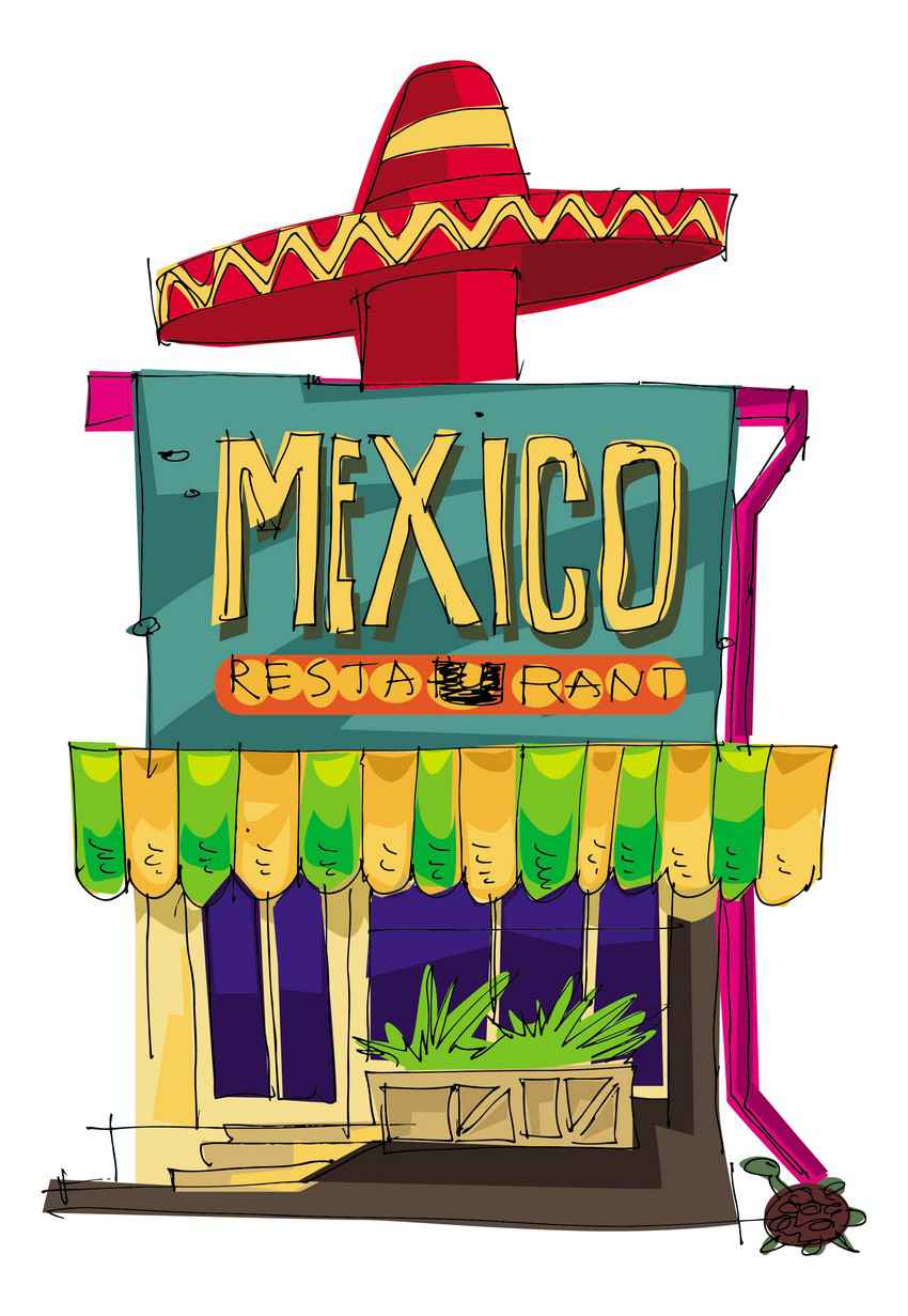 A graphic showing a Mexican restaurant with a sombrero on the roof.