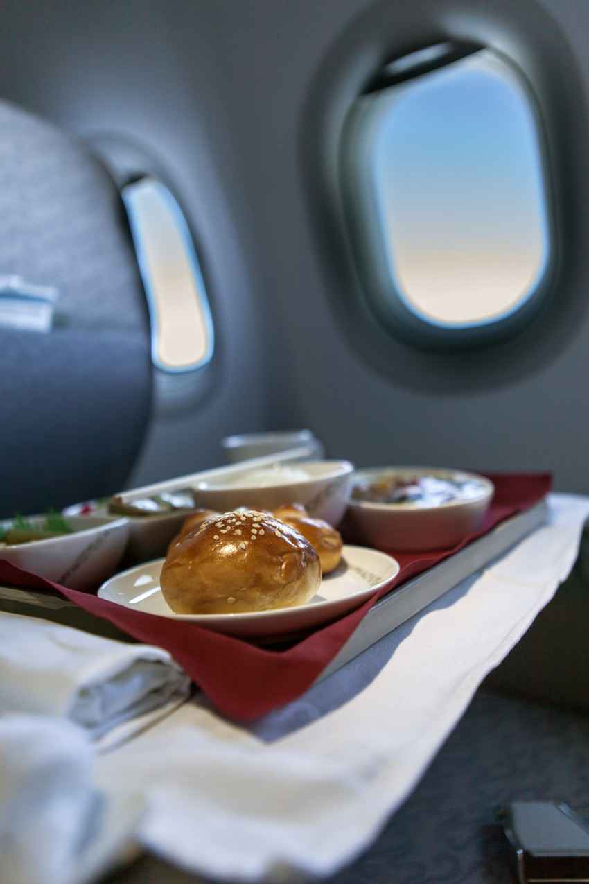 Food that has been served on a jet tray behind the seat in front of it.