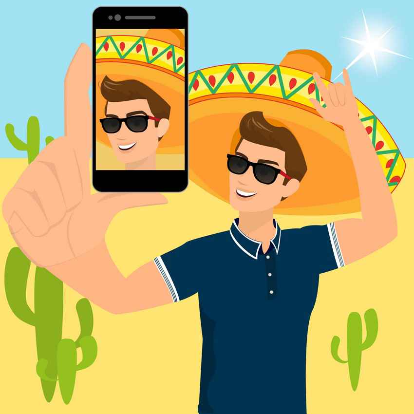 A graphic showing a man with a sombrero taking a selfie with a cell phone.
