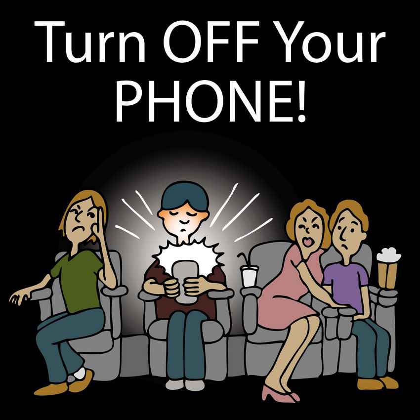 A phone etiquette cartoon telling you to turn off your phone.