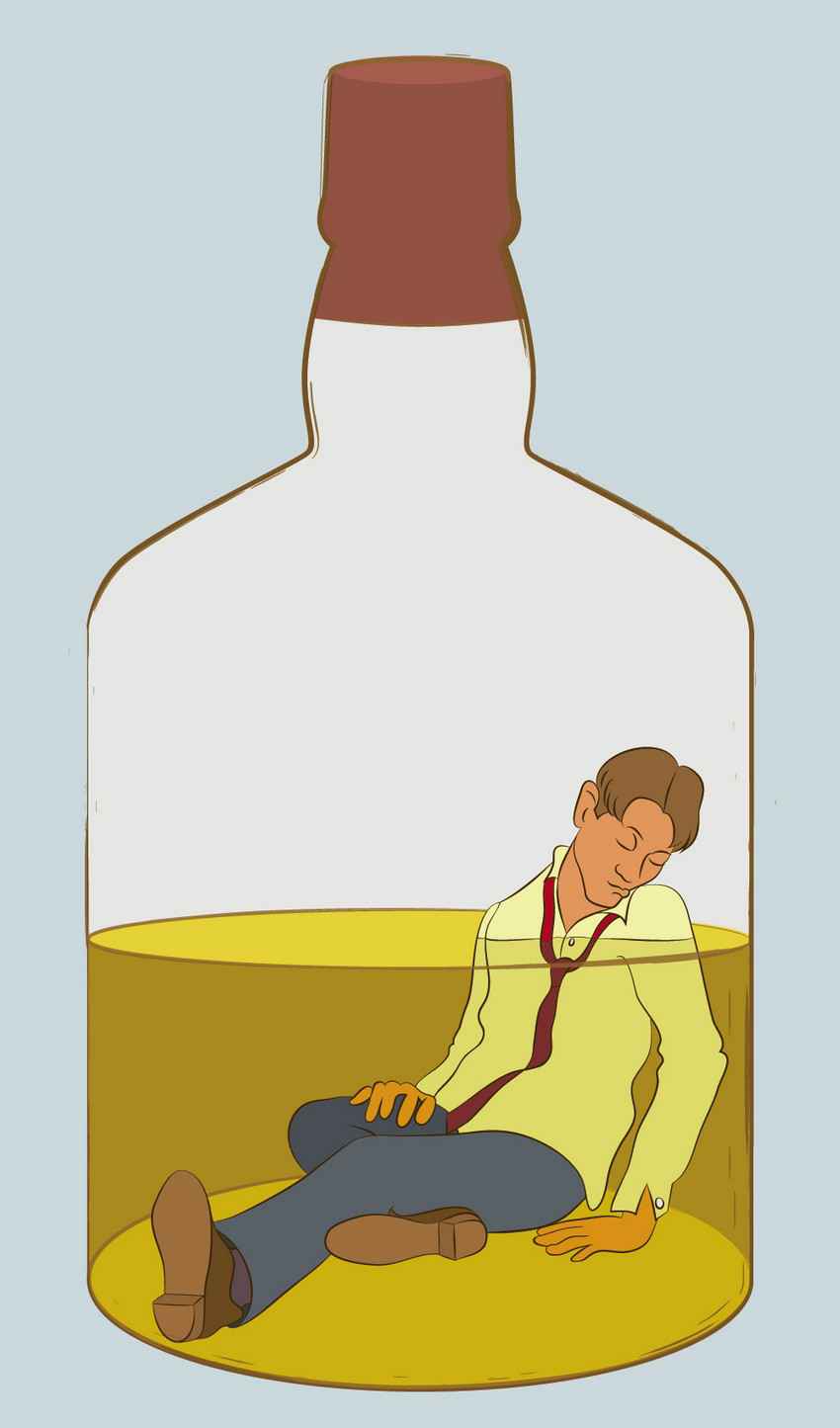 A drunk man inside of a tequila bottle.