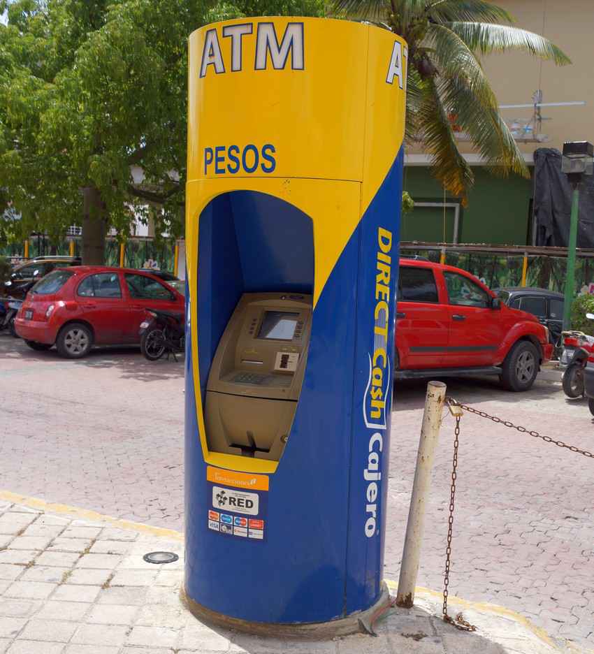 An ATM machine in Playa Del Carmen that dispenses Mexican pesos.