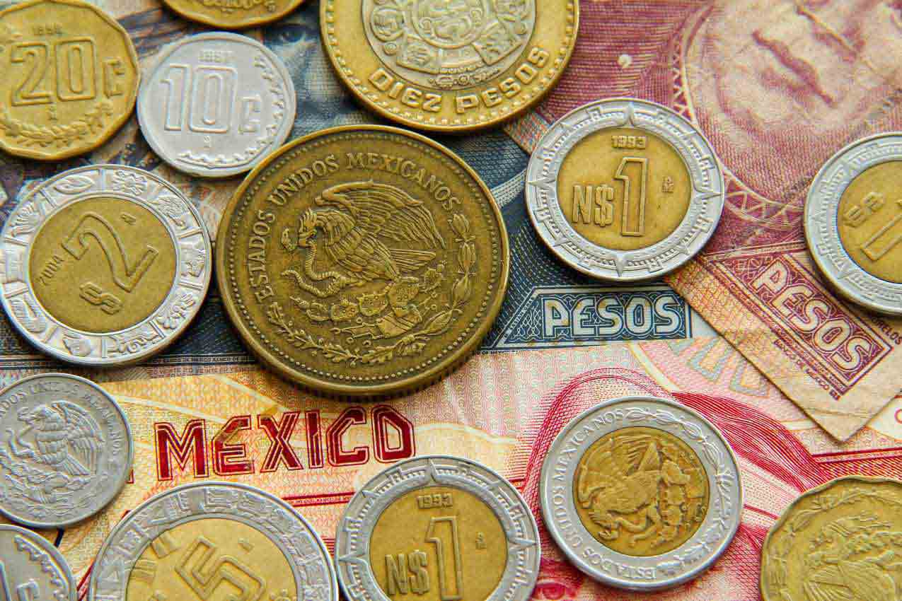 An array of Mexican coins and bills.