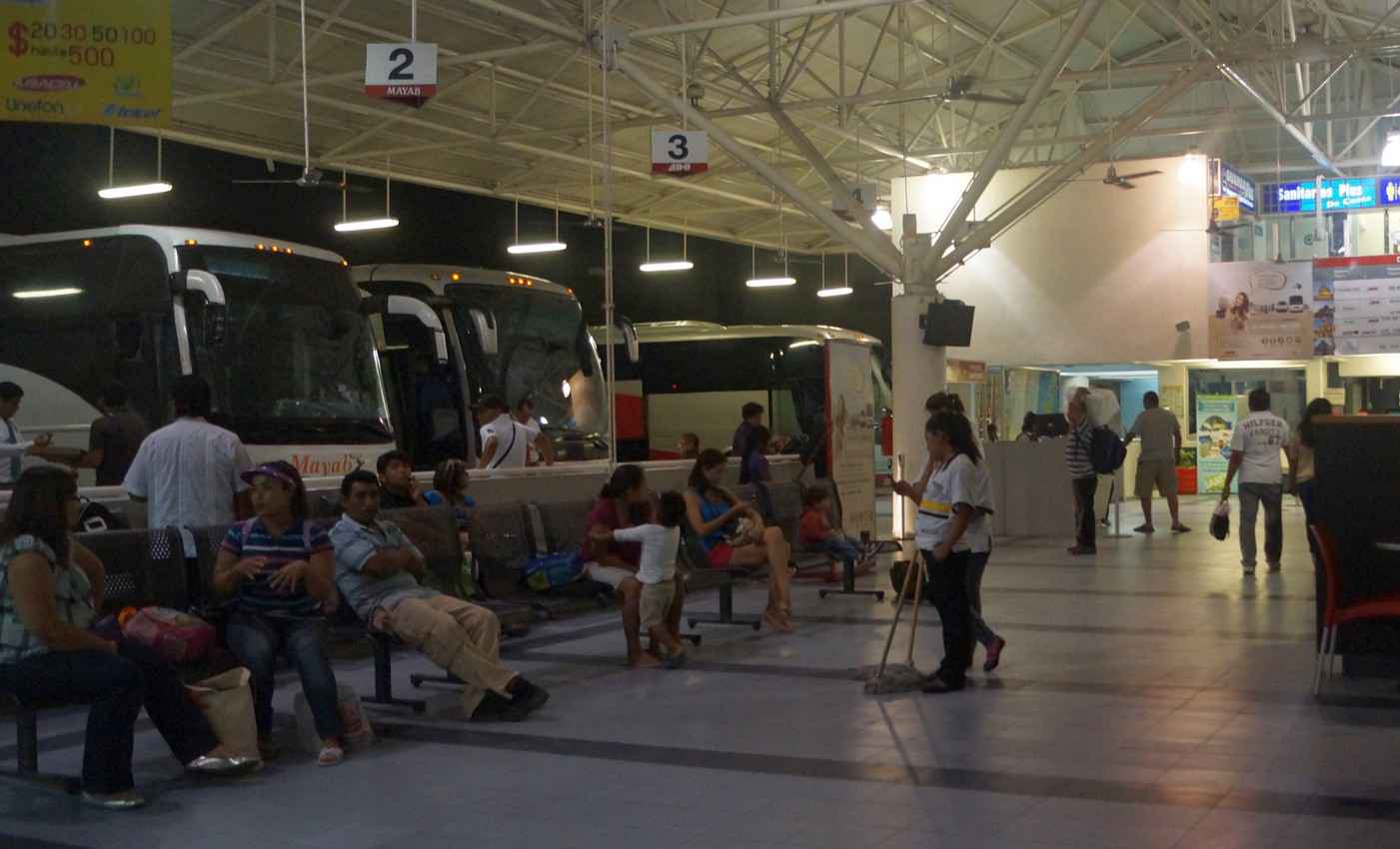The bus station in Playa Del Carmen with several buses lined up outside.