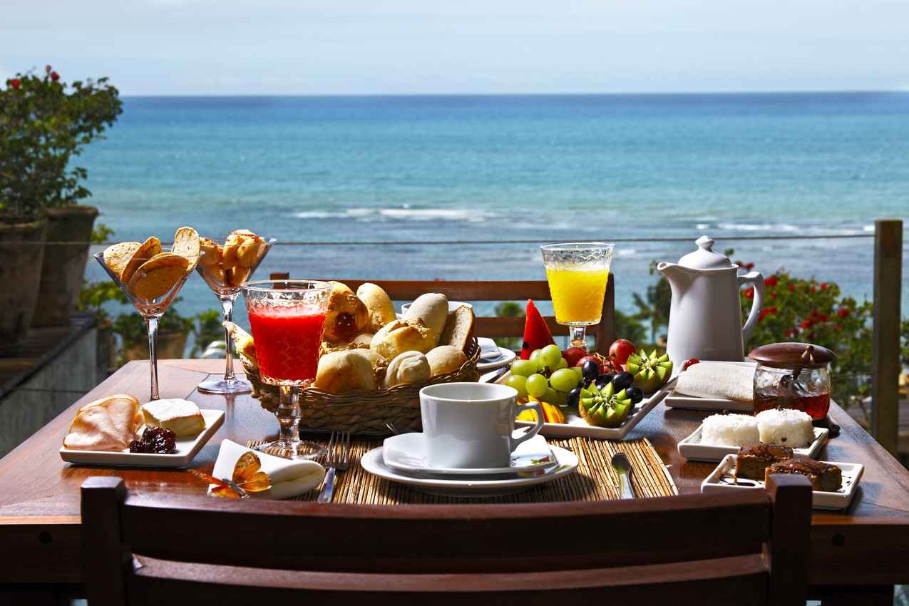 A delicious breakfast at a hotel overlooking the Caribbean Sea.