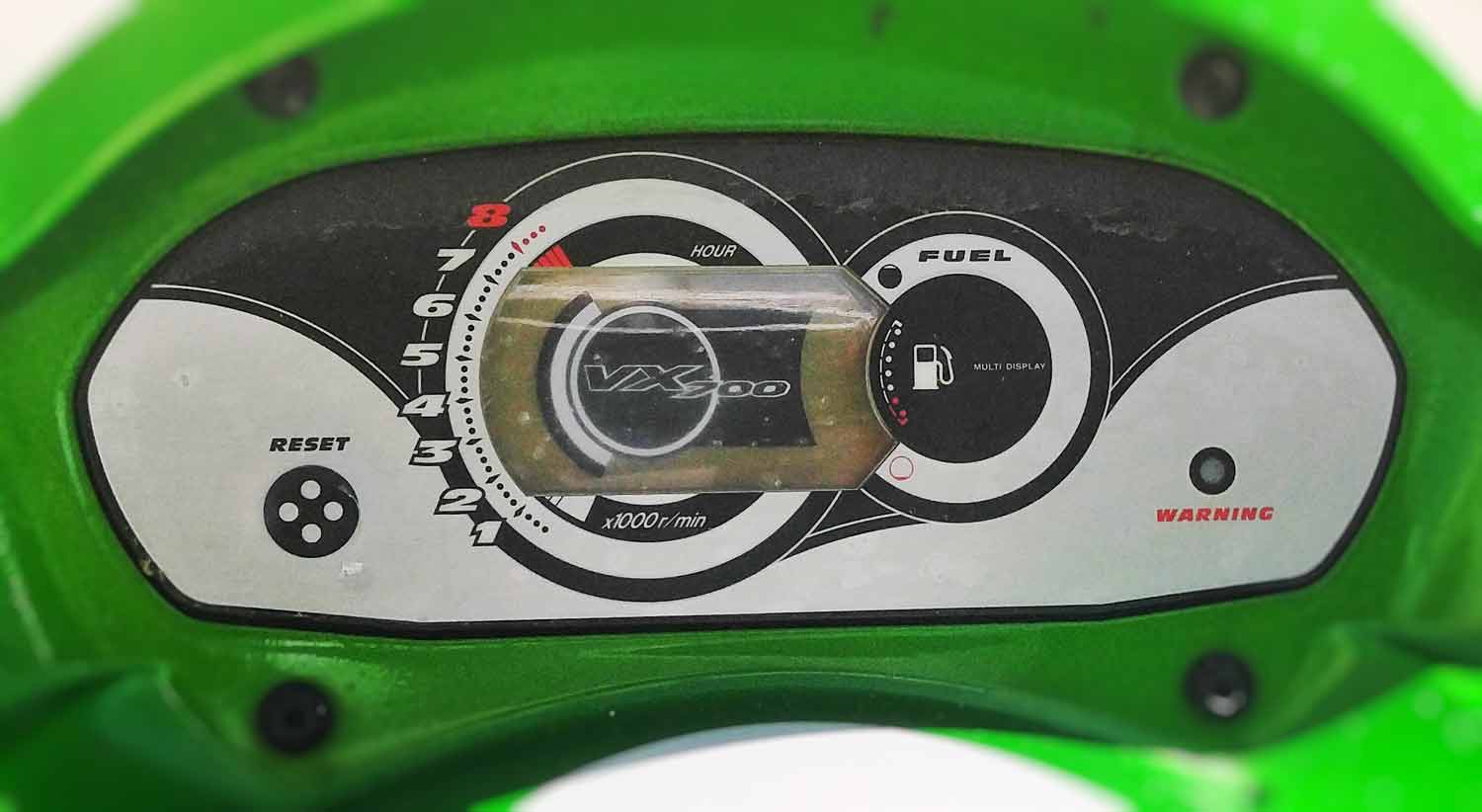 The tachometer and gauges on the dashboard of a jet ski in Playa Del Carmen.