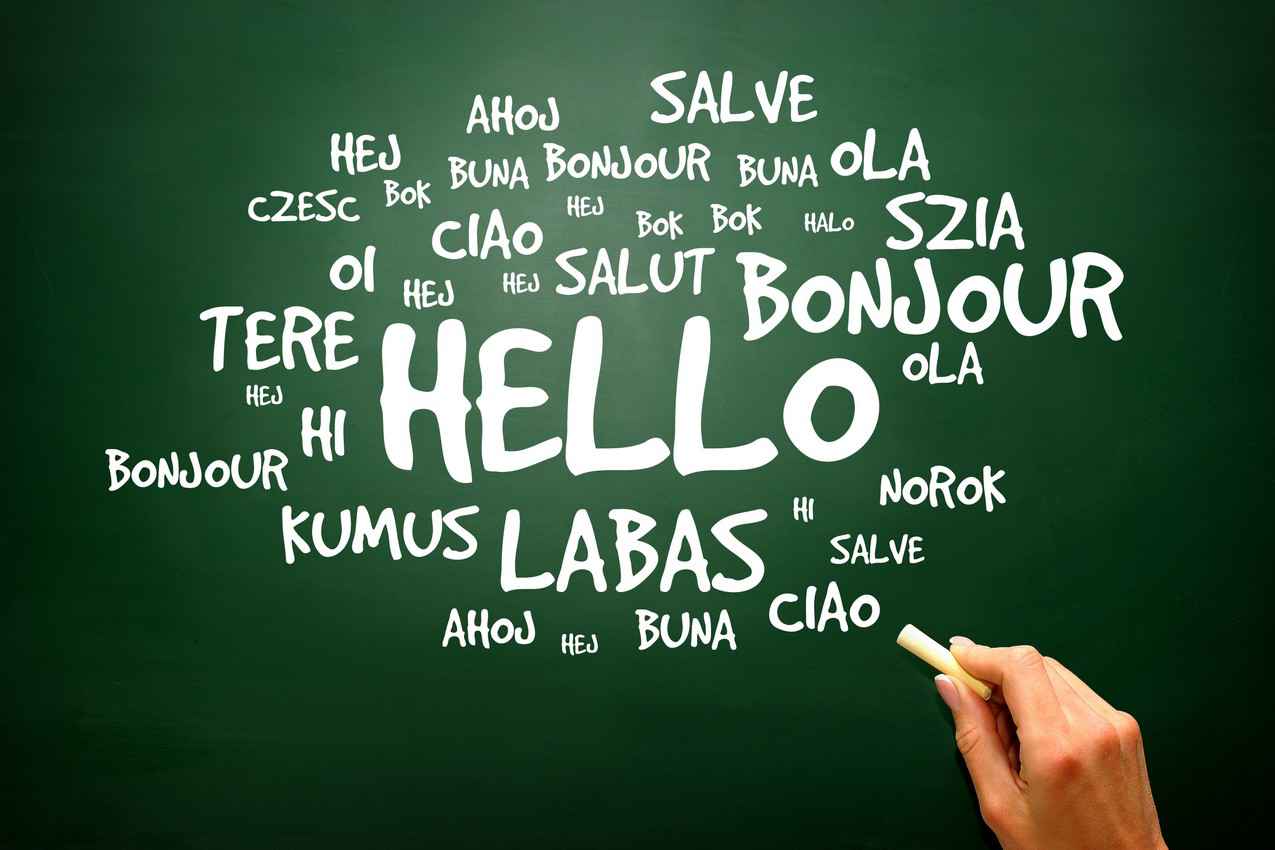 The word hello written in multiple languages on a green chalkboard.
