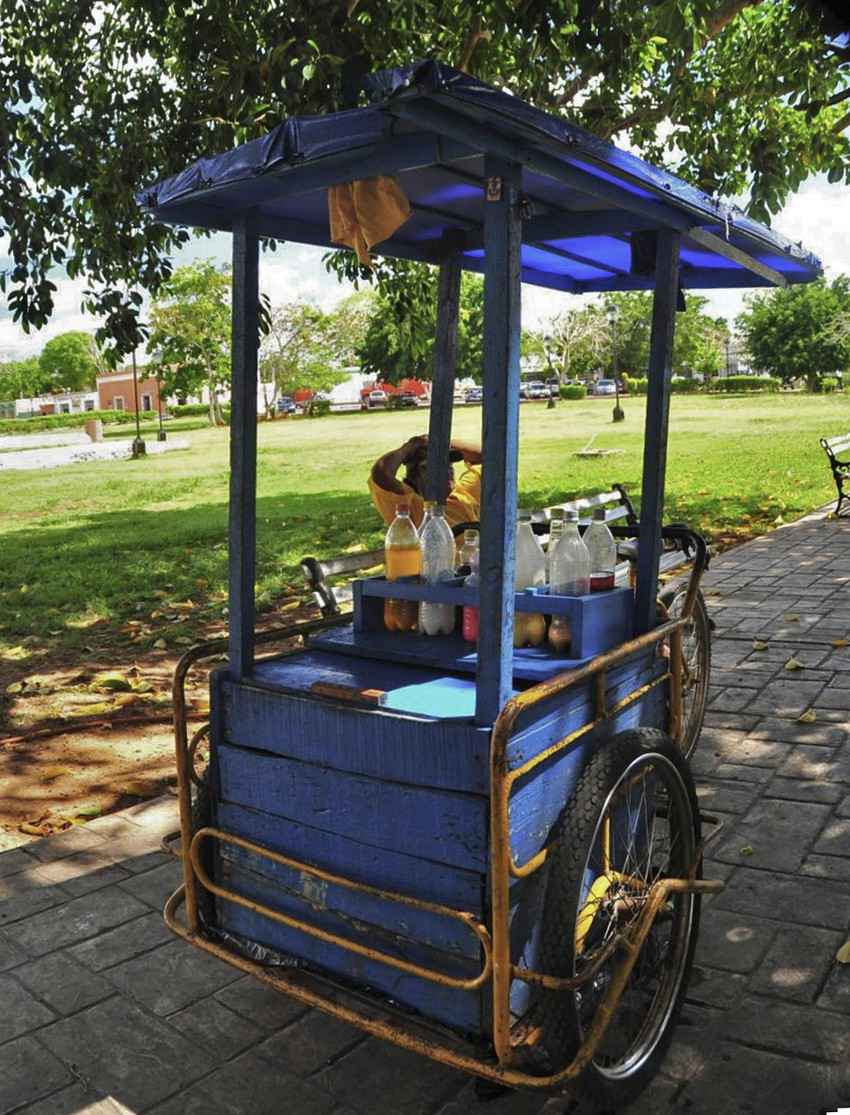 A three wheeled bicycle vendor selling drinks at a local park.