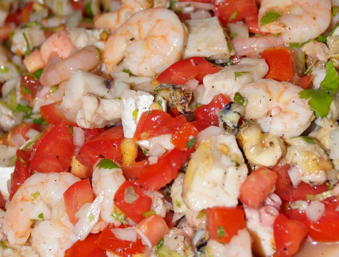 A close-up photograph of some shrimp ceviche.