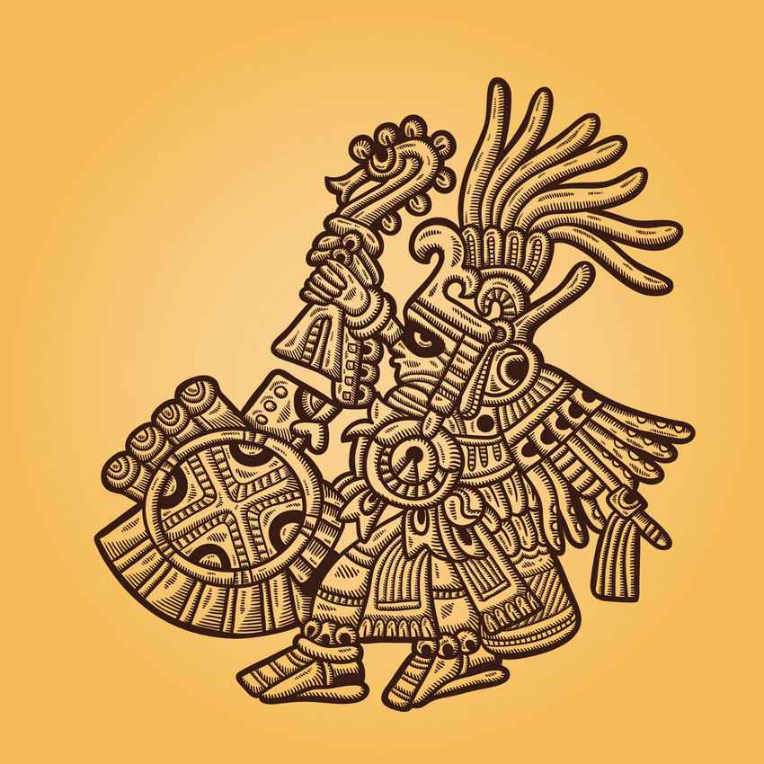 An ancient Mayan art graphic on a yellow gradient background.