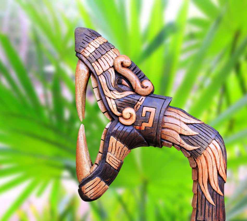 Mayan snake had artwork on a jungle walking stick.