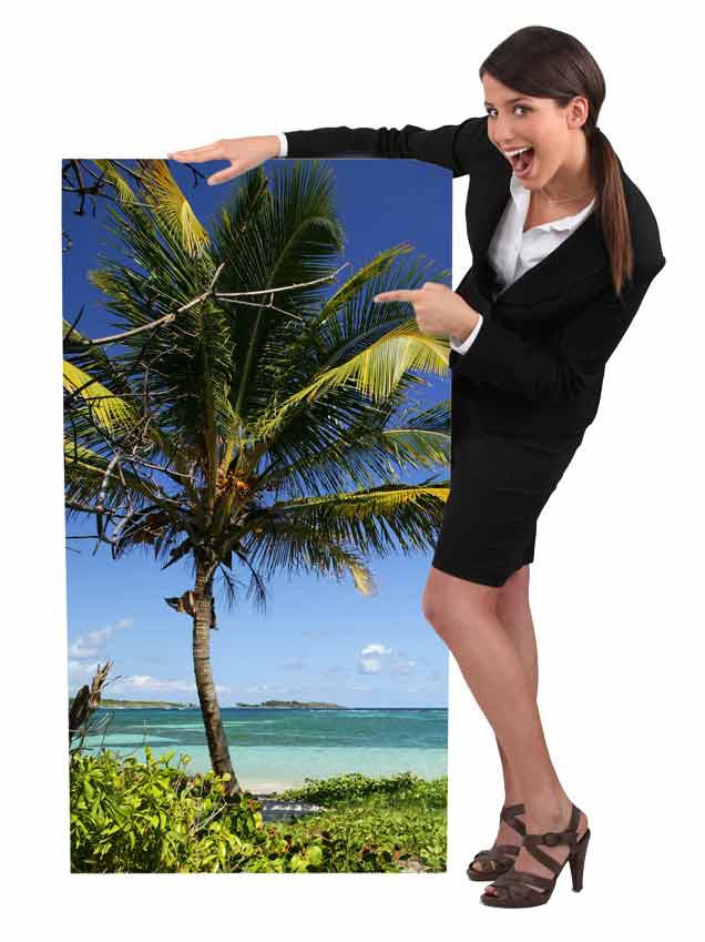 A really cute travel agent showing a vacation package poster.