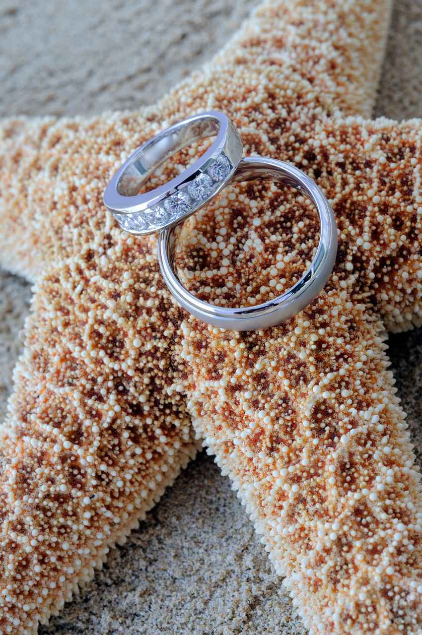 Both male and female wedding rings resting on a starfish on the beach.