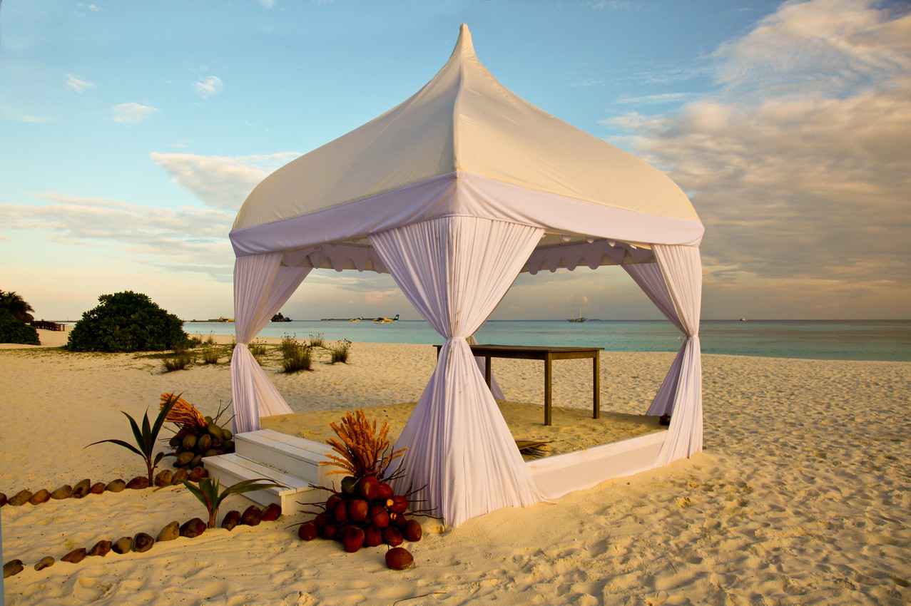 A temporary wedding Chapel on the beach in Playa Del Carmen.