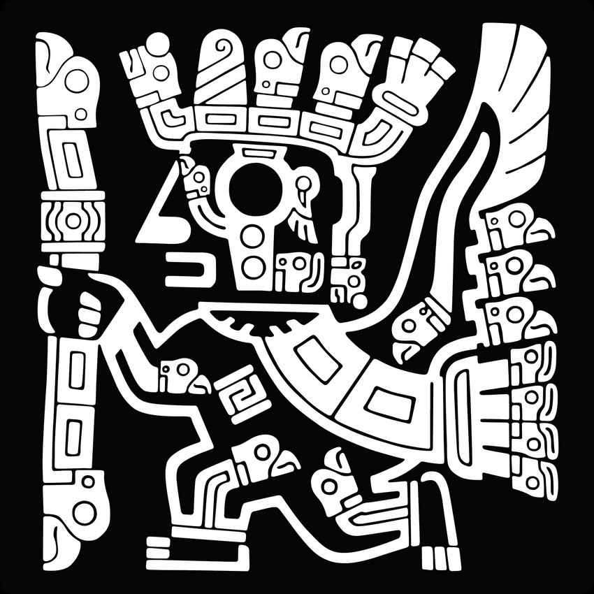 A black-and-white graphic of some ancient Mayan art.