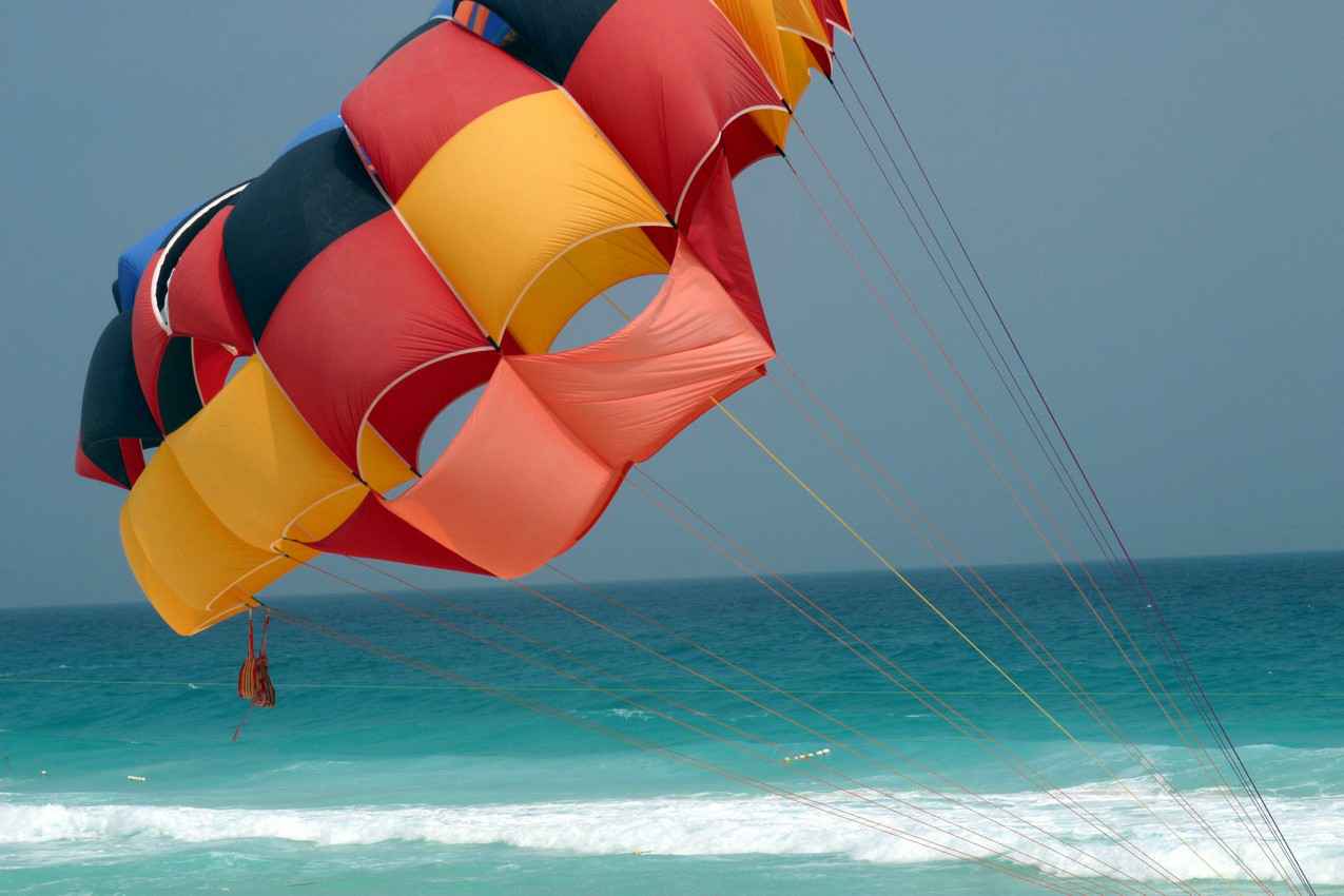 A skydiving parachute on the beach in Playa Del Carmen.