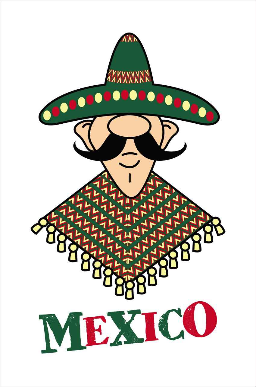 A graphic showing a Mexican man with a big mustache, sombrero, and an ugly Mexican-style blanket.