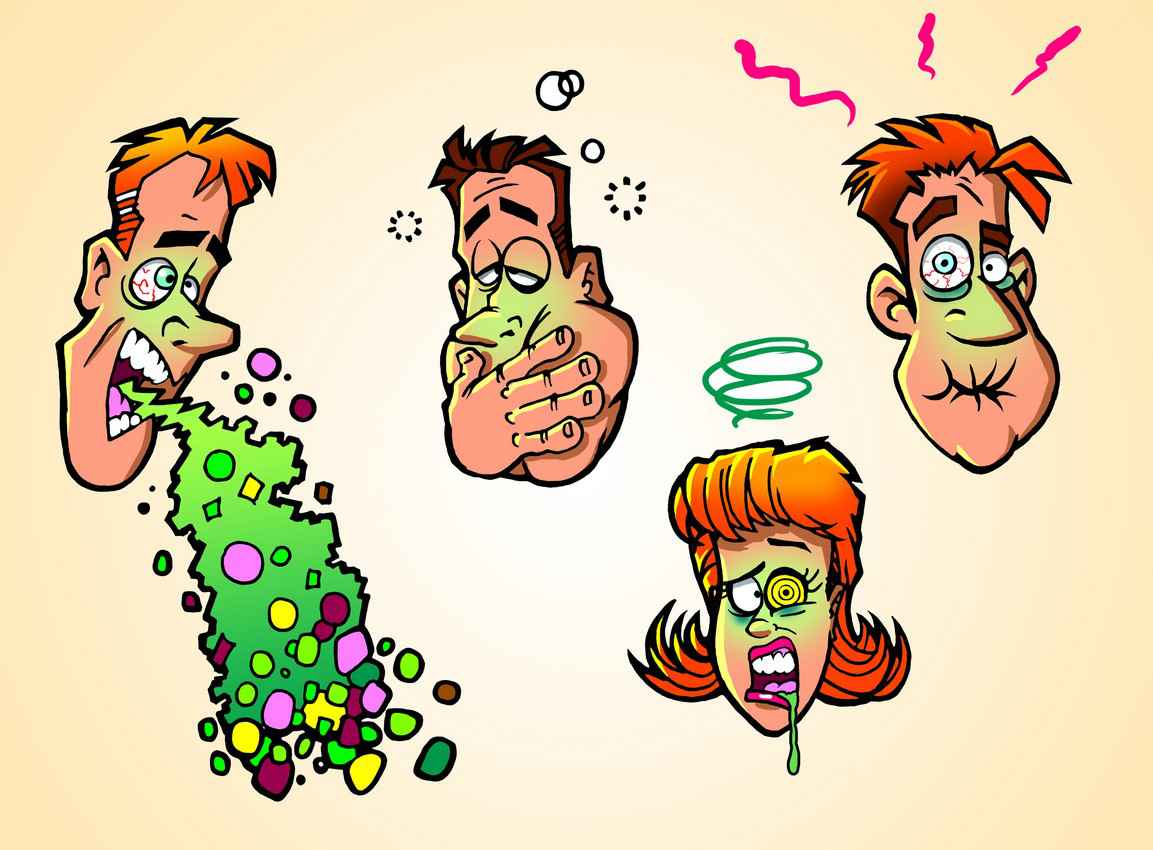 A cartoon of a man in various poses drunk and vomiting.