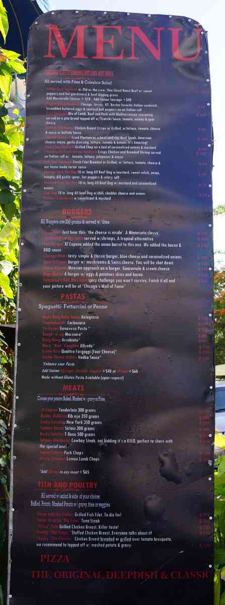 The full restaurant menu outside of Chicago Beef.