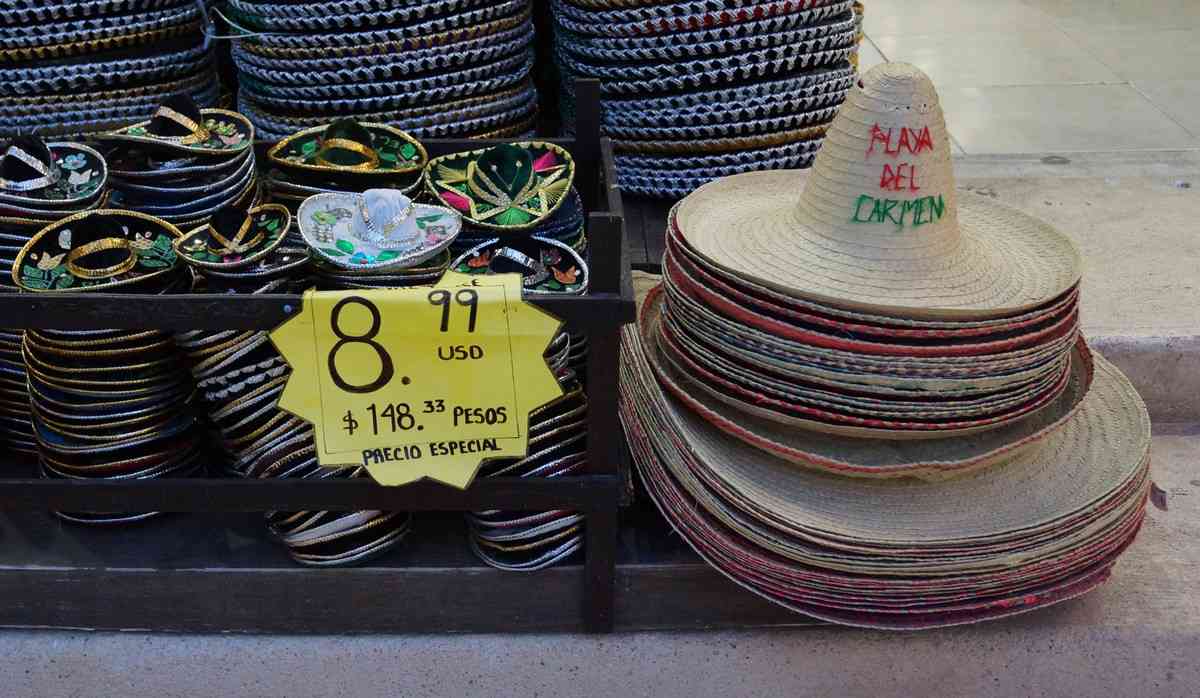 A stack of mini-sombreros that were for sale for $9 USD in Playa Del Carmen.