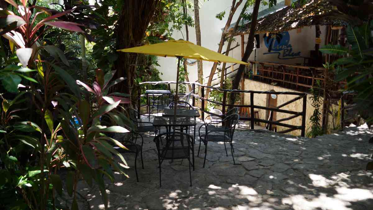 A partial view of the courtyard at the Luna Blue Hotel in Playa Del Carmen.