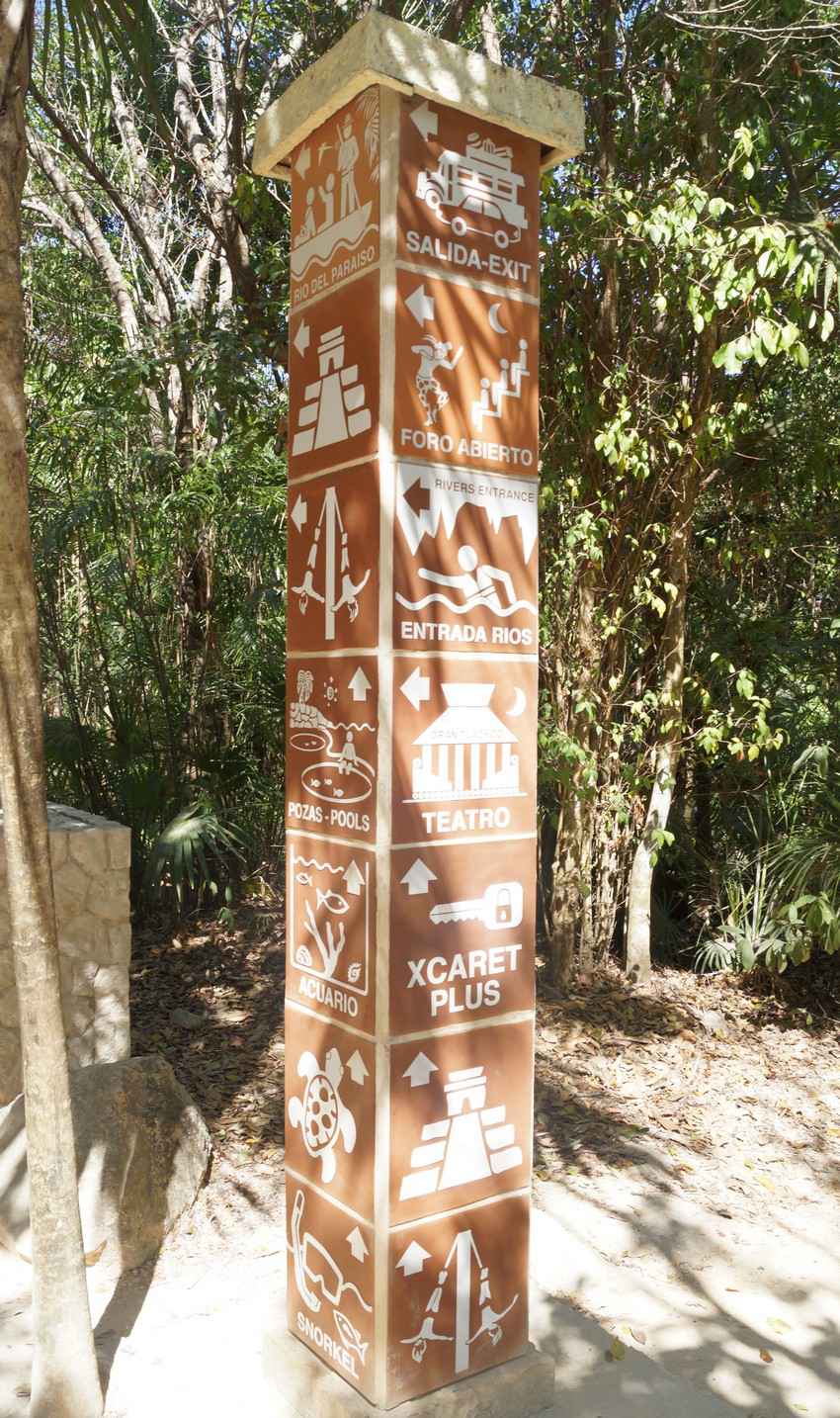 A large sign post in the Xcaret Park.