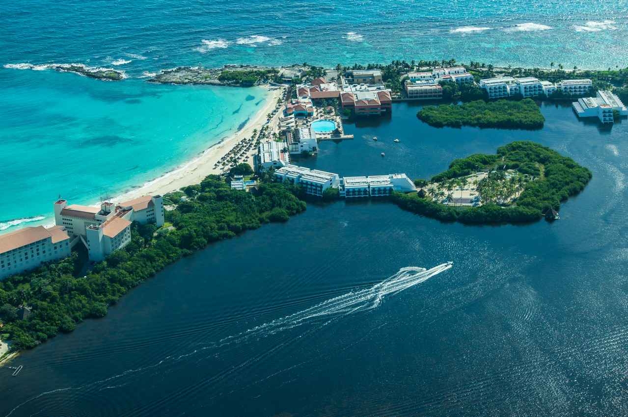 An aerial view of the Cancun beach and part of the hotel zone.