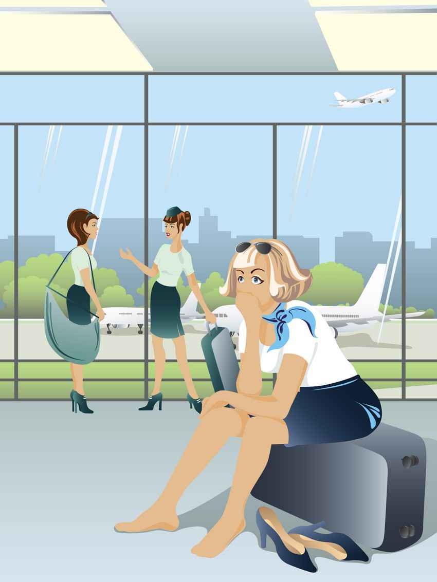A graphic showing a stewardess sitting at an airport on her luggage without shoes on her feet.
