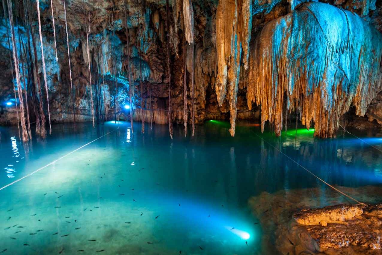 A view of the brightly colored lights and several fish swimming inside a cenote cavern.
