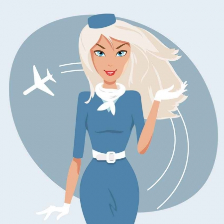 A graphic of a beautiful stewardess with her blonde hair blowing in the wind.