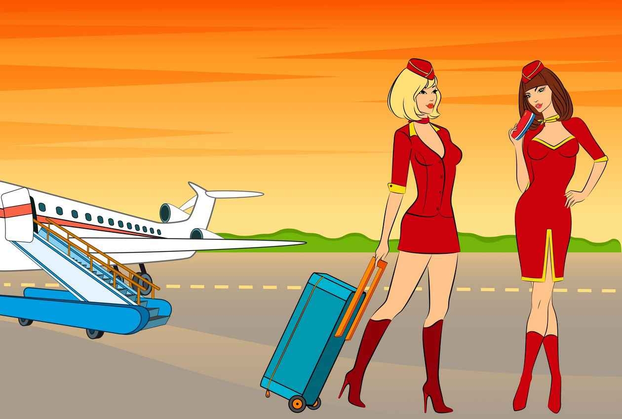 A graphic that shows two sexy stewardesses walking away from a jet near a runway.
