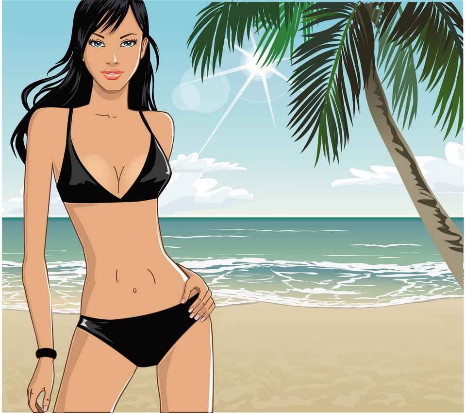 A graphic showing a woman in a black bikini on the beach with the sun shining brightly and a palm tree next to her.