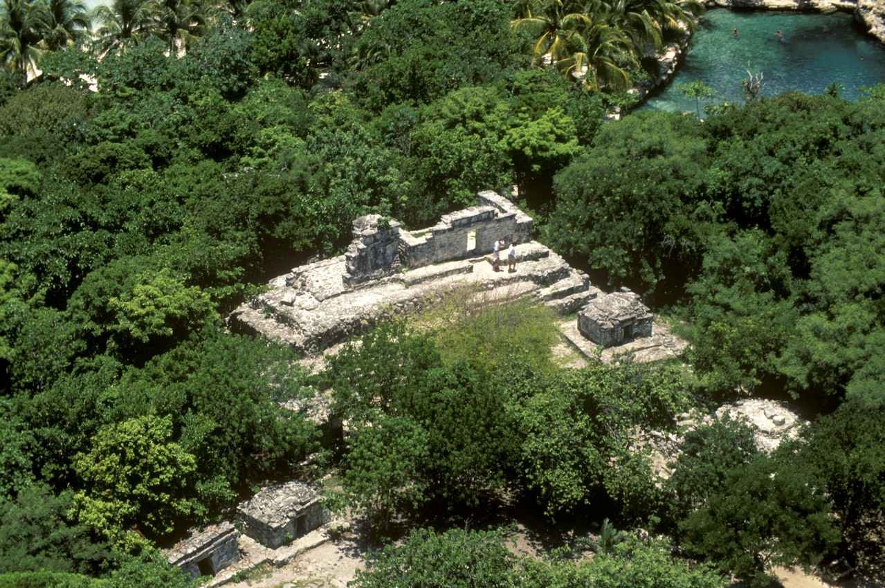Another aerial view of several Mayan pyramids.