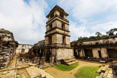 A Mayan archaeological sites enhanced with wooden platforms.