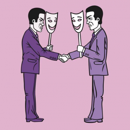 A cartoon showing several men wearing fake social masks.