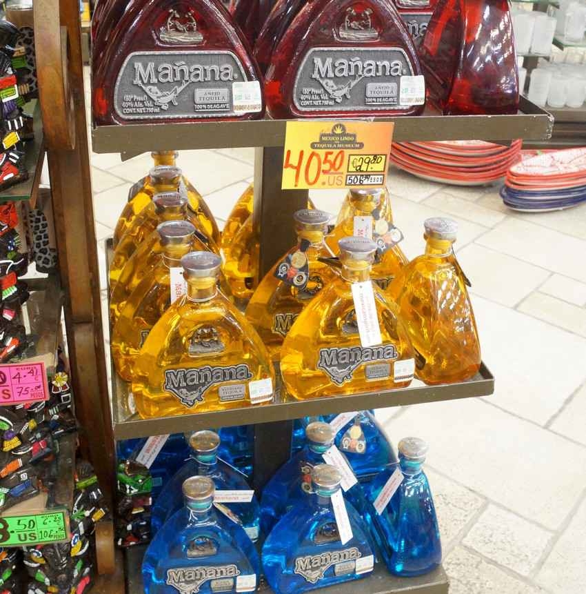 Several bottles of a tequila brand called Manana at a Playa Del Carmen souvenir store.