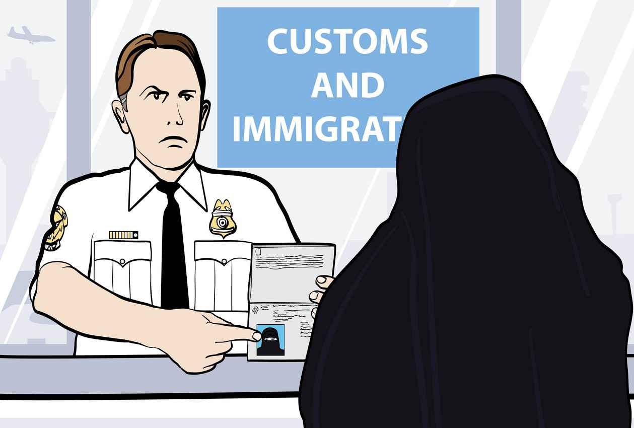 A cartoon of a customs and immigration officer angry at a woman because she is wearing a Muslim burqa.