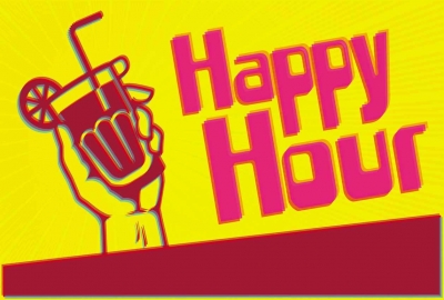 A 3-D graphic that says, HAPPY HOUR.