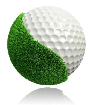 A Zen-style golf ball graphic that is half ball and half green grass.