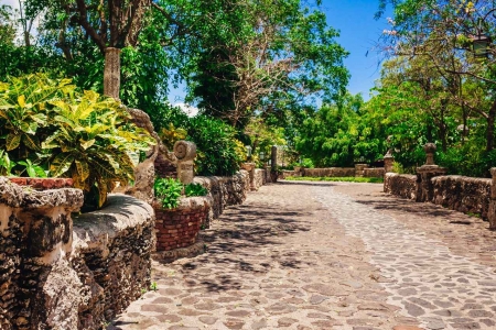 A cobblestone driveway seen at an exclusive estate.