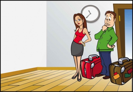 A graphic of a man and a woman with luggage deciding how to arrange their new room.