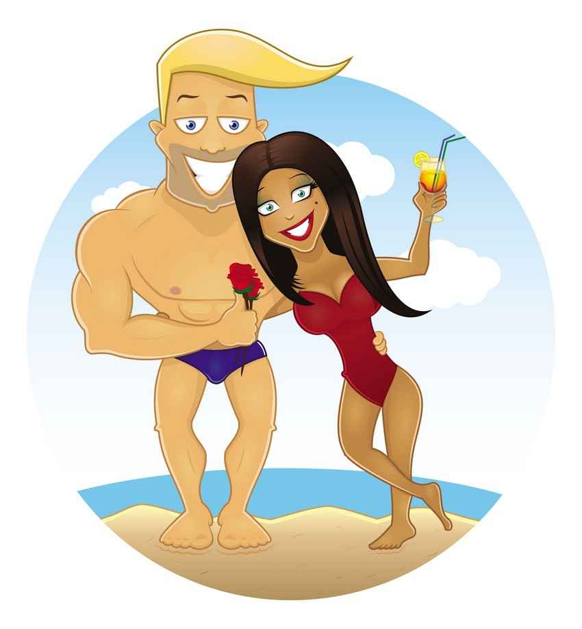 A muscular man with a hot woman standing on the beach with roses in his hand and a cocktail in hers.