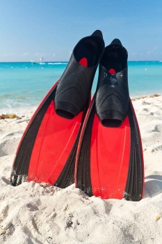 A pair of red and black snorkeling or diving fins are lying on the beach.