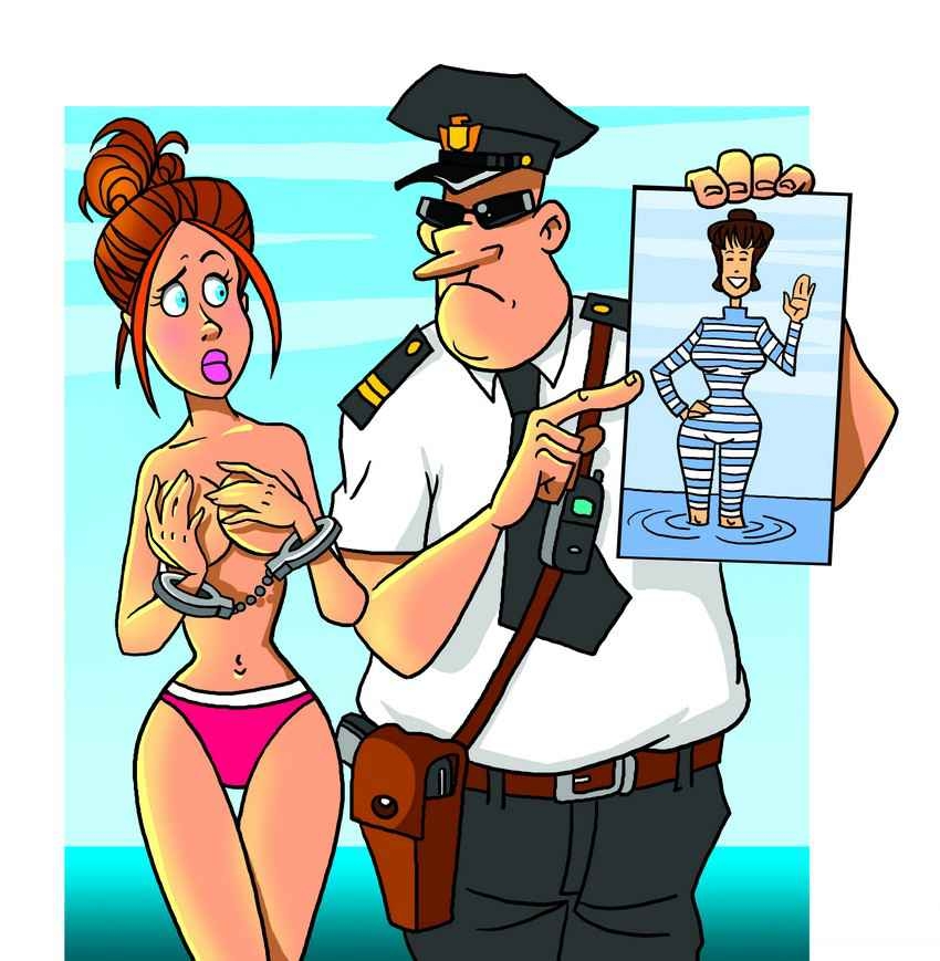 A cartoon of a woman being arrested for topless sunbathing.