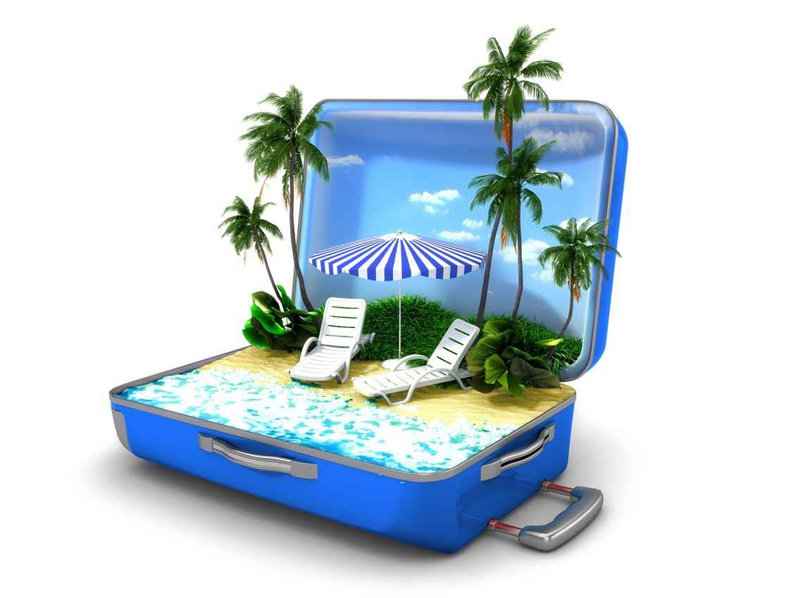 A graphic showing palm trees, a beach, and lounge chairs with an umbrella all in an open suitcase.