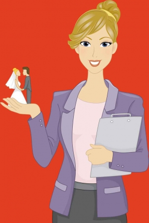 A graphic showing a wedding planner with a clipboard in one hand and a miniature bride and groom in her other hand.