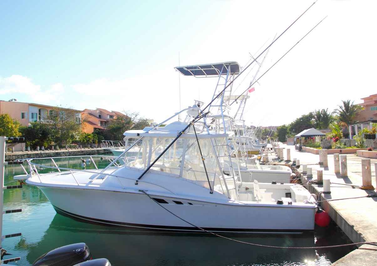 A number of midsized fishing boats lined up in the Puerto Aventuras marina.