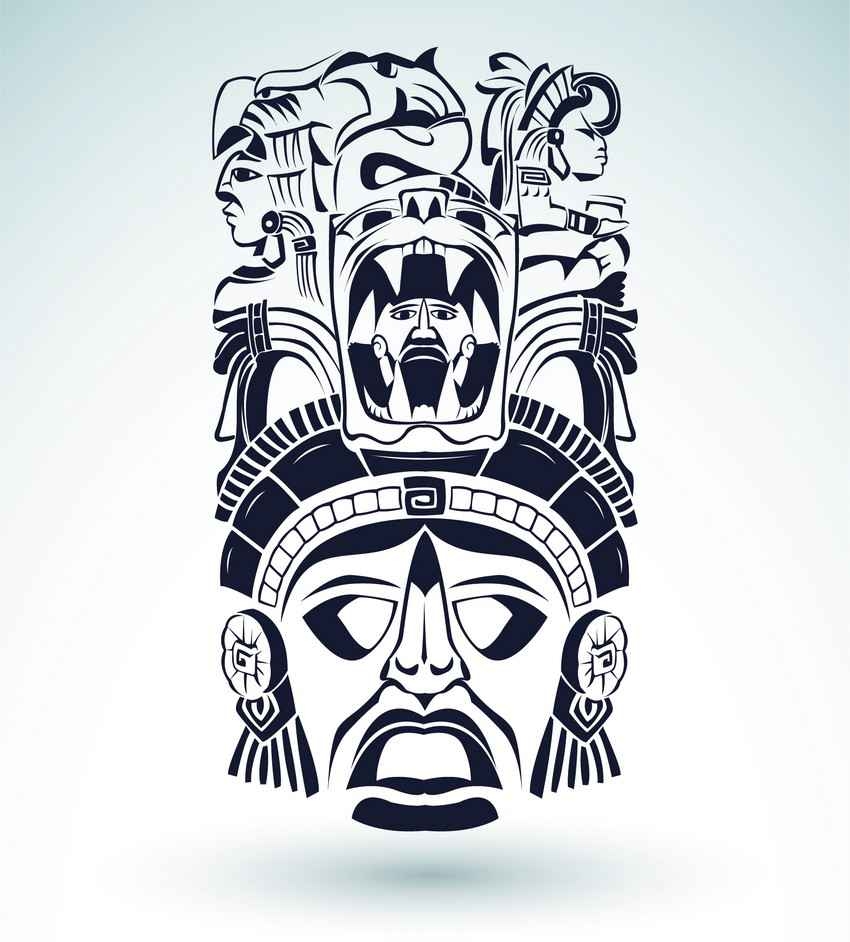 Mayan mask and headdress graphic.